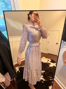Karlie Pink and Blue Floral Long-Sleeve Midi Dress